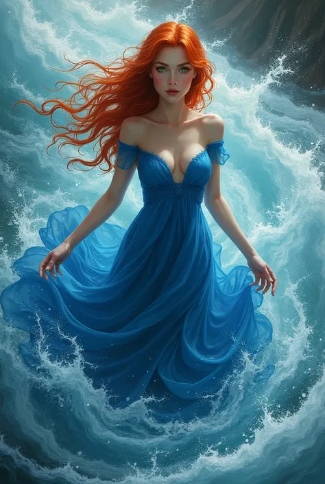 Red-haired witch with green eyes, control the water, And shes wearing a royal blue dress 