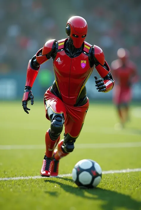 Robot soccer player running in red uniform, white, Black and yellow