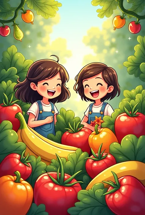  A colorful illustration of fruits and vegetables, like apples , carrots, Cucumbers, bananas, etc., ren, girls with smiles and happy faces.