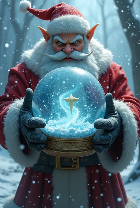 Create an image for me of an iconic Christmas character who has a snow sphere that is more robust, a little more aggressive.
