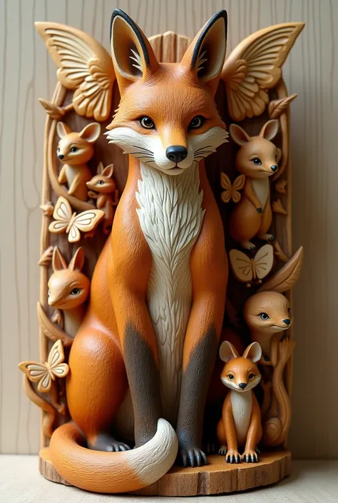  Totem made up of the following animals: A fox , 2 mice , 3 eagles and 4 butterflies.  Each separately at a single view all the animals on wood.