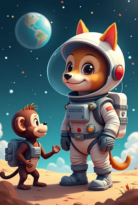 The illustration should contain the following aspects:

an animal in space wearing an astronauts uniform greeting a monkey that says in a corner Jeifer Varas 1st A