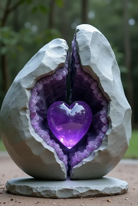 Create a round stone without a heart ,  on the ground divided in half and in the center of it a heart like a purple deposit 