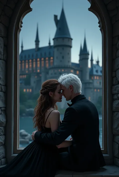 I want a window that overlooks Hogwarts Castle at night. In that window I want a brown-haired woman with platinum locks in her hair , And a man with platinum hair on his side hair like Draco Malfoys.  I want them both in black and on their backs, To not se...