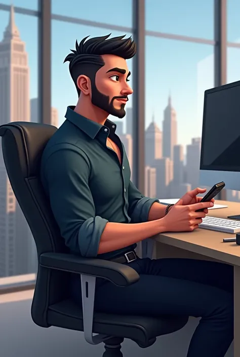  Create a realistic animated image of a 32-year-old American man , 1,87 tall , strong and attractive,  with seductive grey-gray eyes ,  he has the shade of a subtle beard ,  black hair in a Scissor fade and stylized cut , His face is attractive,  with a ha...