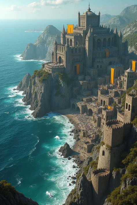 A city in the stile of game of thrones, nest the sea, similar to casterly rock, with yellow banners simbolising the house that owns the city