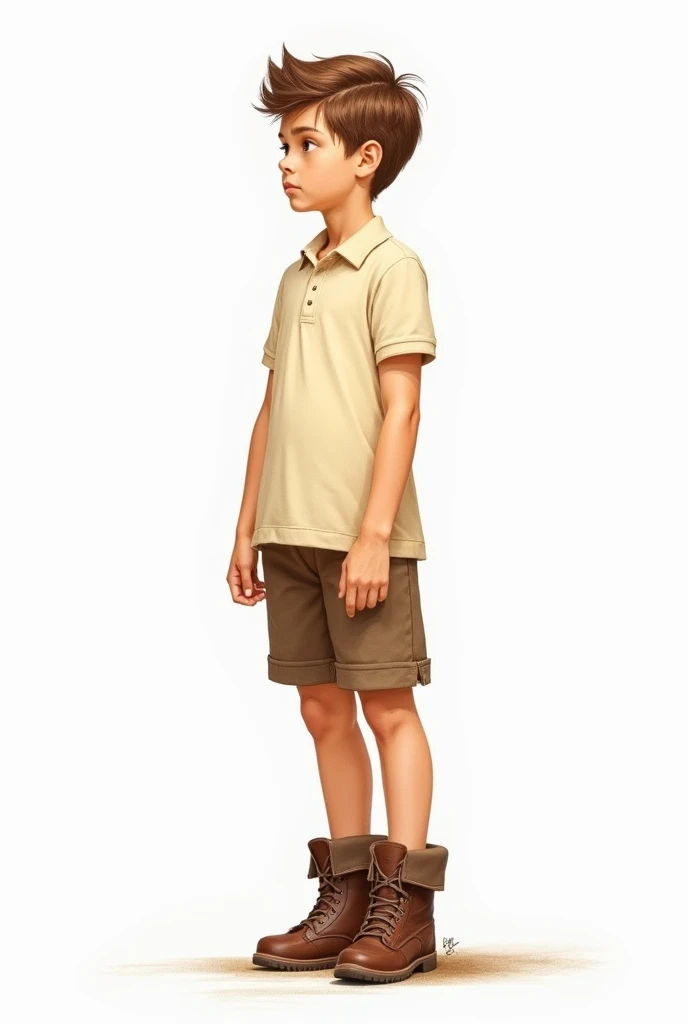  Create a boy with brown hair, wearing a cream polo ,  brown shorts and brown boots ,  of swords to the camera ,  without looking at the camera ,  focusing on full body , fondo blanco, Realistic drawing 