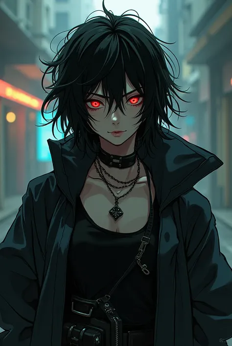 Dark and disheveled Japanese cyberandrogynous manga character , dark and disheveled full-bodied cyberandrogynous 