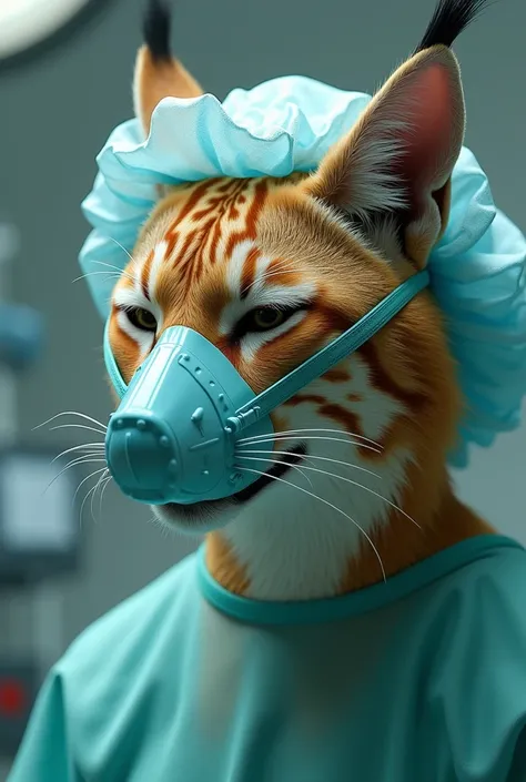 Blonde teenage lynx wears oxygen mask on her face and surgical hairnet on her head she becomes unconscious due to anesthetic gas 