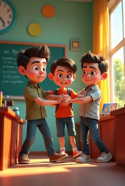 Two serious boys and men grab their schoolmates arm to enter their Pixar-style classroom