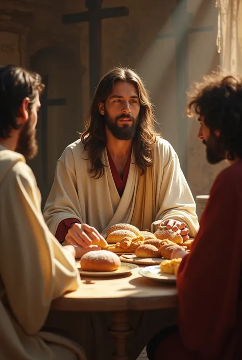 Jesus sitting at the table eating cakes with several ren 