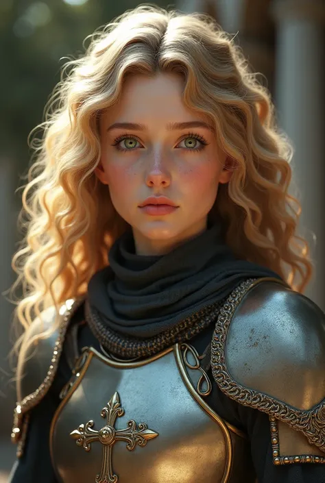 1girl, masterpiece, best quality, 8k, detailed skin texture, detailed cloth texture, beautiful detailed face, intricate details, ultra detailed, a european girl, green eyes, blonde curly hai, 3D character, Medieval Knight