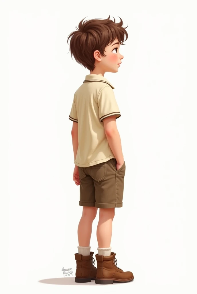 Create a boy with short wavy brown hair, wearing a cream polo ,  brown shorts and brown boots ,  with back to the camera ,  without looking at the camera ,  focusing on full body , fondo blanco, Realistic drawing 