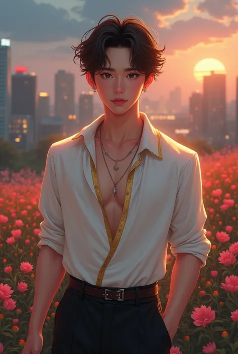 " Young Asian man with fair skin ,  Expressive eyes ,  and wavy brown hair falling on the forehead ."

" Delicate and symmetrical features ,  with a charming smile and intense look ."



2. Clothing Style :

" Wearing a white silk shirt with gold details a...