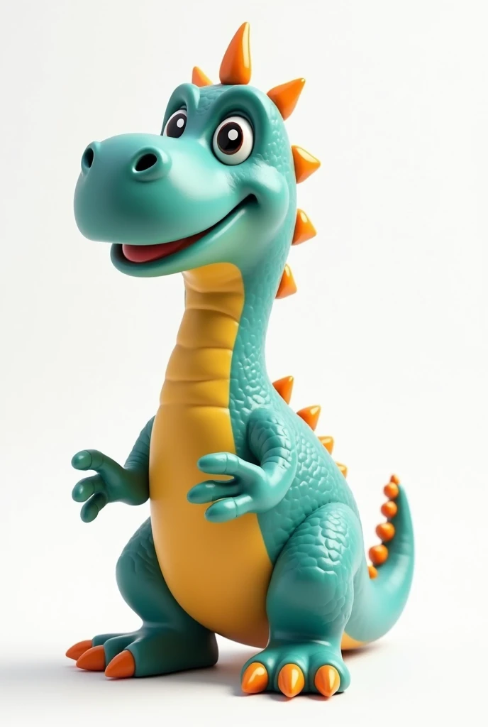 A cool [dinosaur] in Pixar style, in shades of [teal], [yellow], and [gray]. Cute cartoon character on a plain white background, 3D rendered in C4D. Ceramic texture, capturing a joyful and celebratory vibe, global illumination, ambient occlusion, ray traci...