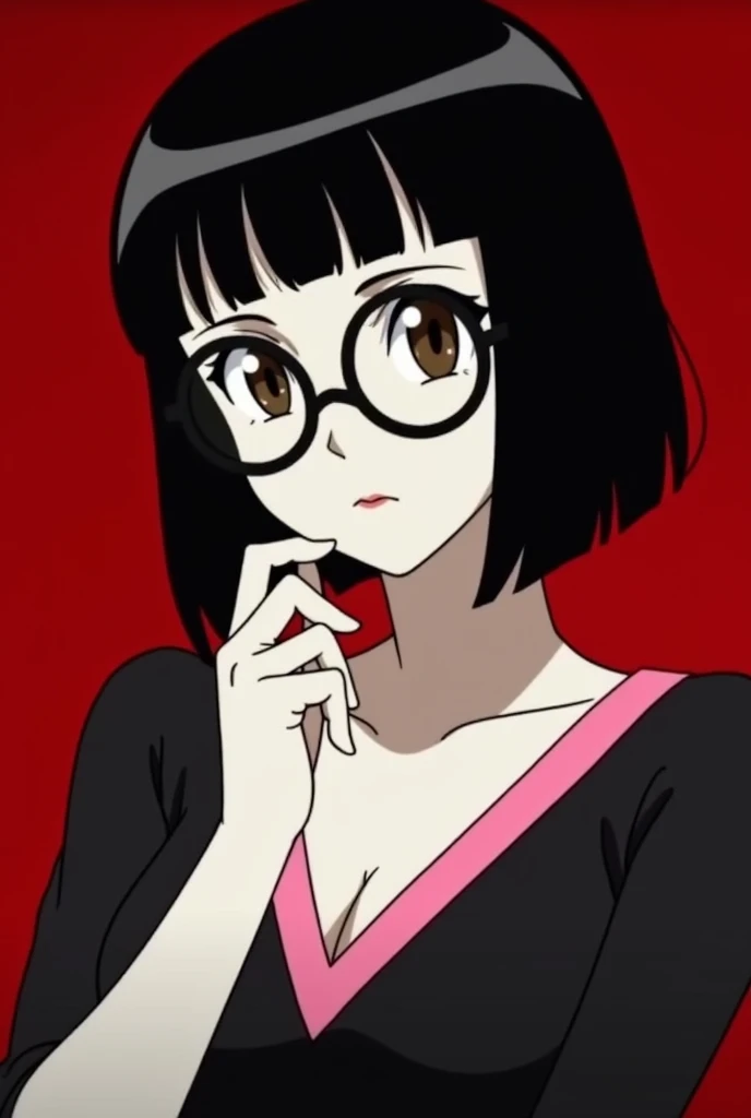 Jojos Bizarre Adventure, screencap of a woman, she has black hair, blunt bob and blunt bangs haircut, dark brown eyes, white skin. Shes wearing a black dress with a pink V-neckline and big black glasses in a circular shape. red background. Her hand is on h...