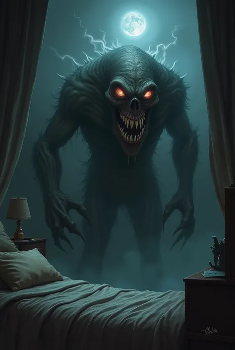 Create a creepy monster in the bedroom at night 