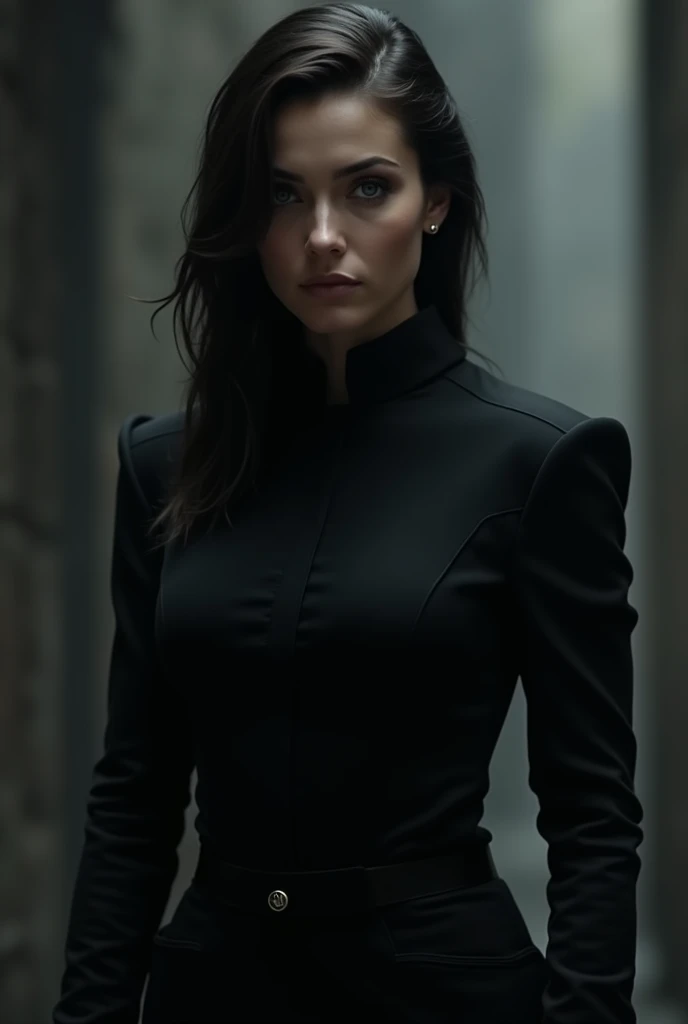 Woman with black clothes and a focused look
