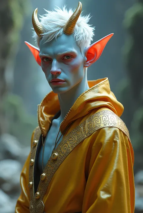  25-year-old male ,   his skin color is light blue and pink and his eyes are red,  his ears are pointed and he has two small horns on his forehead ,  he has white hair and a shiny gold robe with alien runes 
