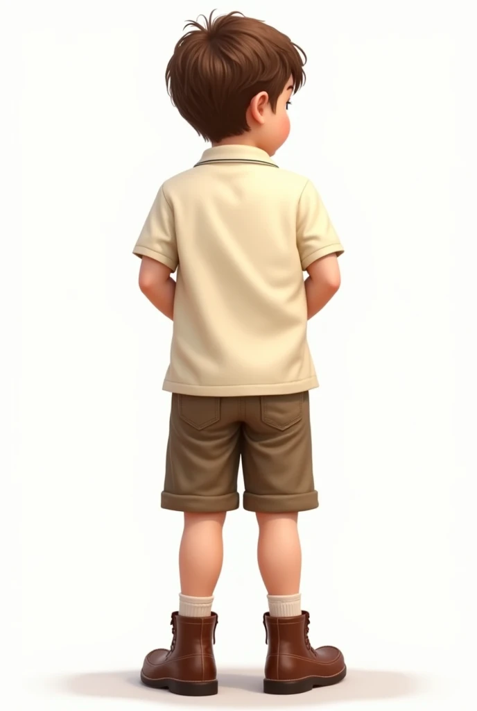 Create a boy with short wavy brown hair, wearing a cream polo ,  brown shorts and brown boots ,  with back to the camera ,  without looking at the camera ,  focusing on full body , fondo blanco, Realistic drawing 