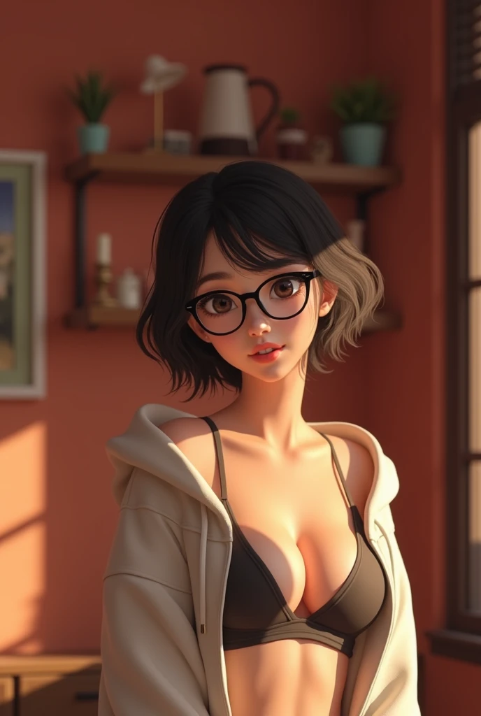  It generates the image of a young woman , attractive and natural , with short, dark hair.  She wears glasses and is in front of a mirror ,  taking a selfie with his phone .  The scene has a warm and welcoming atmosphere ,  with reddish walls and simple de...