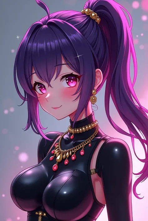 Ultra Detailed Anime Art Black Latex Costume Young Japanese Idol Purple Hair Fuchsia Highlights High Definition Ponytail Sparkling Flashy Necklace Earrings Bracelets