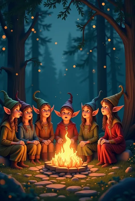 A bunch of singing elves and lots of fireflies amidst a realistic campfire