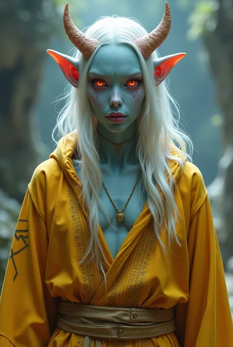  25-year-old male ,   his skin color is light blue and pink and his eyes are red,  his ears are pointed and he has two small horns on his forehead , She has long white hair and has a bright golden closed robe with alien runes
