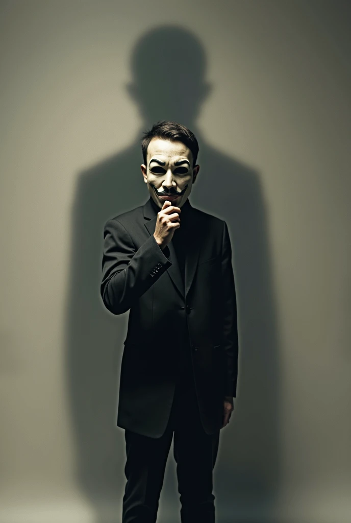 Person with a shadow behind holding a mask.