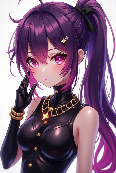 Ultra Detailed Anime Art Black Latex Costume Young Japanese Idol Purple Hair Fuchsia Highlights High Definition Ponytail Sparkling Flashy Necklace Earrings Bracelets