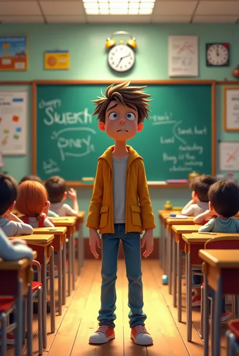 Male student is standing in front of the nervous Pixar-style classroom