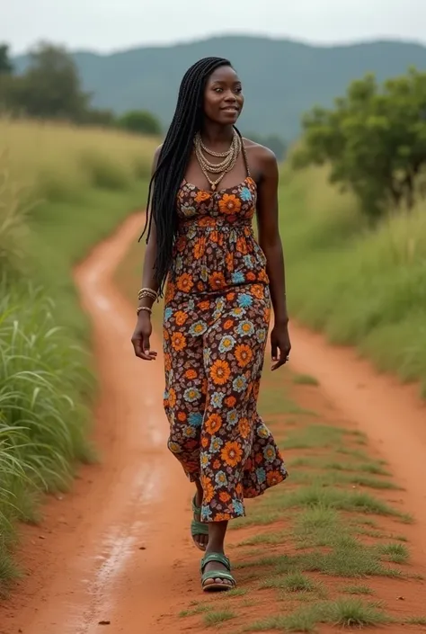 A black African woman, African braids hairstyle, she has black skin and black hair, she wears a wide flower pattern dress, she walking in African road, grass at both sides of the road, realistic shot 