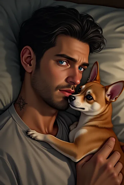  Young Michael Scofield with slightly curly hair shaved from the sides, with short beard, lying on a bed hugging a shirtless Chihuahua ,  neck tattoos  