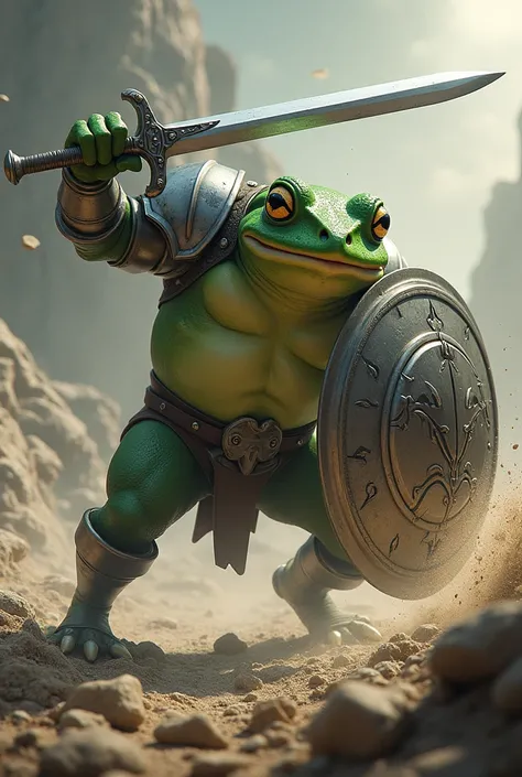 
Bipedal frog
Wears steel armor
He holds a sword called Grand Lion in his right hand
He has a steel shield in his left hand
Eyes are pale yellow
Create an image where you are swinging up your sword and being cut by an enemy