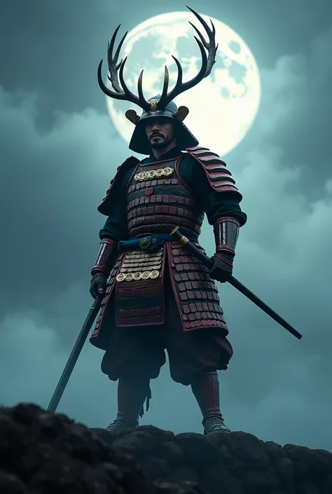 Splendid Deer Antler Helm、The screen is shrouded in fog 。Full moon night、Red Armor、1 mounted warrior 、to ride a horse、 detailed faces of the five Japanese war samurai  ，Sanada Yukimura， Red cane  ， Glossy and beautiful ，  of a deer The red horned helmet is...