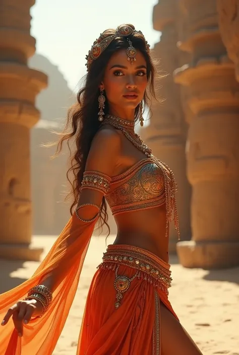 a woman in a short Arabian dancer outfit, in a desert city, (best quality,4k,8k,highres,masterpiece:1.2),ultra-detailed,(realistic,photorealistic,photo-realistic:1.37),beautiful detailed eyes,beautiful detailed lips,extremely detailed eyes and face,longeye...