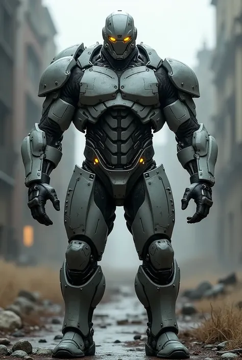 buff and muscular Man wearing grey and black robot suit with yellow lights