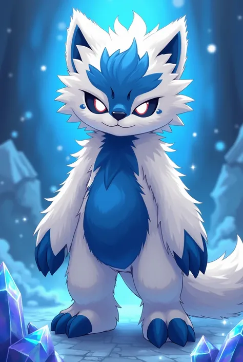  Make an image of a humanoid furry( atrophomofic )  very fuzzy ,tall and large standing , blue and white nucleus in place of the head, white with a navy blue outline ,invisible eyes , plush syrup ,Blue claws , navy blue crystals surrounding it , anime art ...