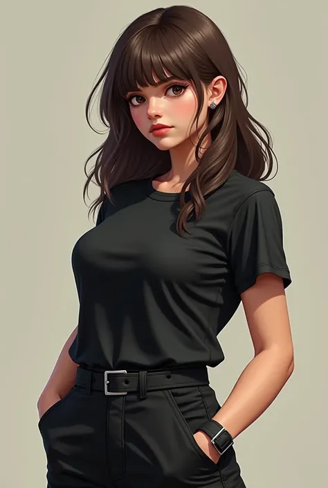  Create an image of a brunette woman GTA RP with a black shirt, black cargo pants and black boot ,  long brown hair with bangs,  thick dark brown eyes and pink mouth , earring 