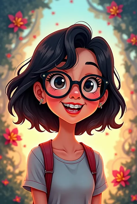 Animated Disney cover,Babe with medium-short hair, bangs and black lenses and braces 
