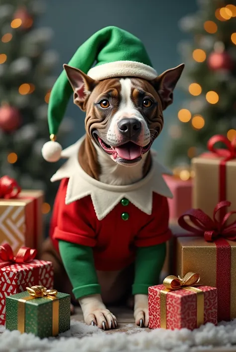 A brown and white pitbull dog with an elf costume with gifts