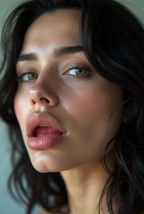  Close-up portrait of a white woman with black hair, with a fleshy mouth ,  with the upper lips larger than the lower lip ,  but both very large 