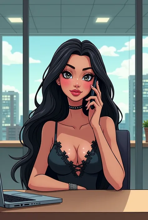  Creates an animated comic style image of a white French woman ,  is 165 tall .  She has very long thigh-length hair ,  in black and laced ,  she has a delicate and attractive face , oval and sweet ,  black and large decorated with a bow of black and curly...