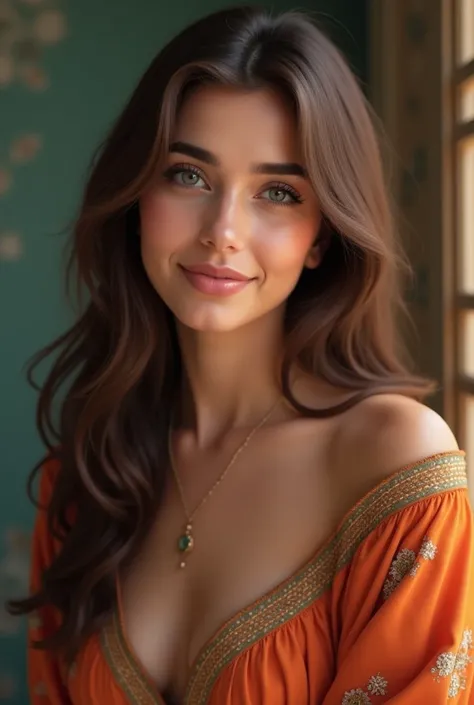  26 year old sweet woman with long brown hair beautiful smile full lips blue/ green eyes 1 ,60cm tall .  medium large bust . Slim body full body to see Arab face 