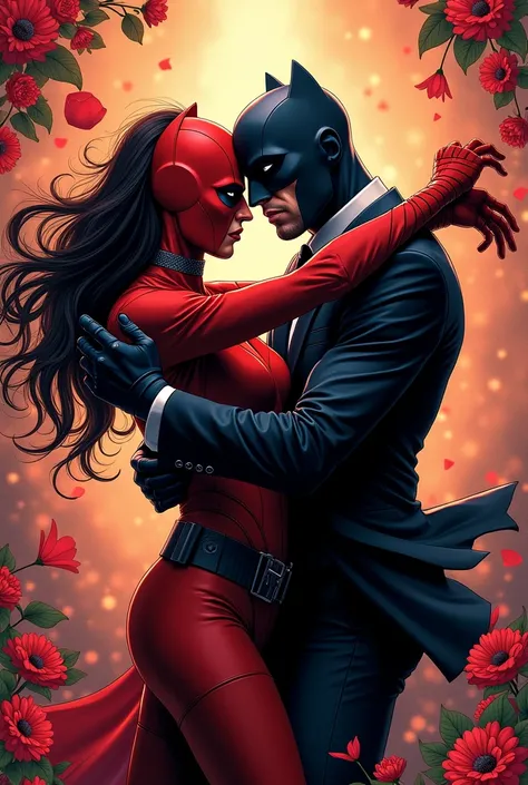 Slade Wilson  ( Half Red and Half Black Suit )
( Half Black and Half Red Mask)
( blue eyes ) (Dancing with Robin )

dick Grayson (elegant suit) ( black eyes) (flowers around) ( Dancing with Slade Wilson  )