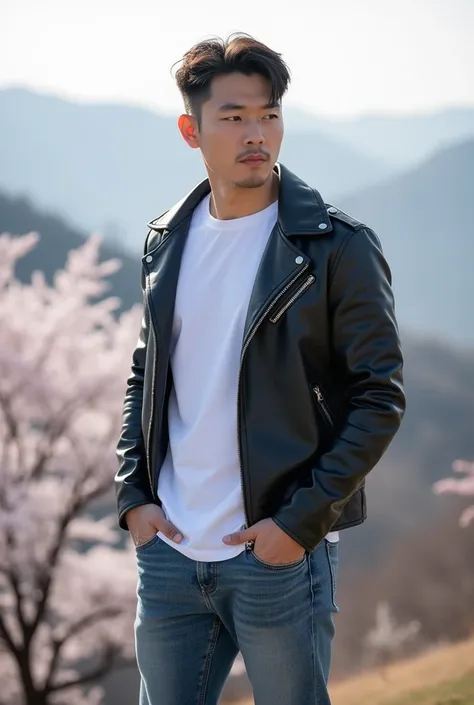 a handsome Korean man is standing outside while enjoying the scenery of the outdoors in a foreground face pose style,The man is wearing a white t-shirt, leather jacket, jeans shoes jordan.setting on a hill with snow showers and cherry trees .Detailed and c...