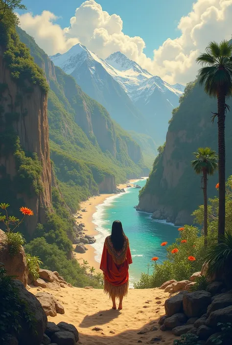  An image inspired by Peru that represents the geographical diversity of the country, including the coast ,  the mountains and the jungle . and their climates