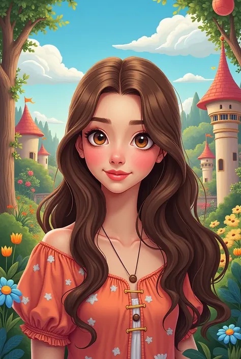 Disney cartoon cover ,20-year-old girl with long straight brown hair and big eyes 

