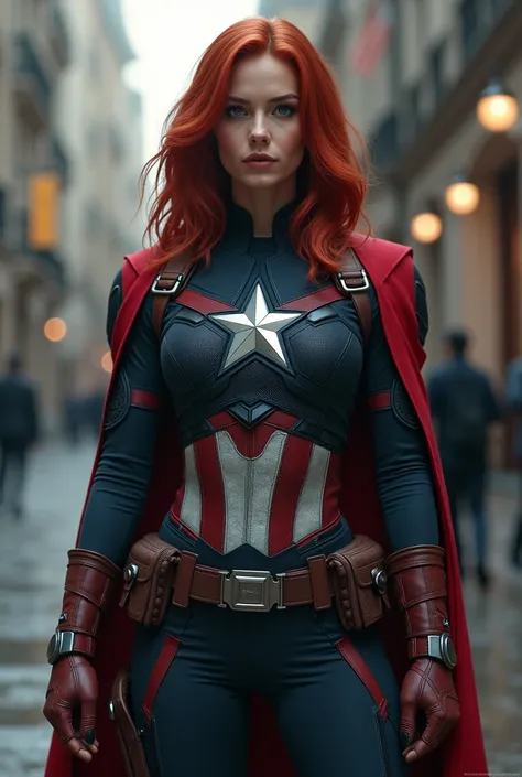 A fusion between Captain America and Black Widow, masterpiece, best quality, intricate details, highly detailed raw photography, ultra realistic, soft focus, Real-Time Ray Tracing, cinematic lighting