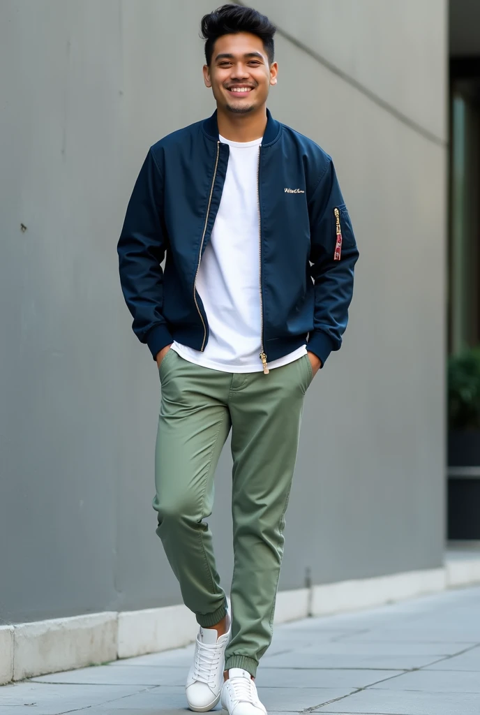 Young Filipino Man, White Adidas Sneakers, light green pants, white crew neck shirt tucked in, Plain Navy Blue Bomber Jacket